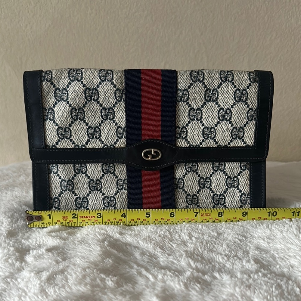 GUCCI  Blue GG Monogram plastic lining tight snap, red/blue web Vintage Pouch
